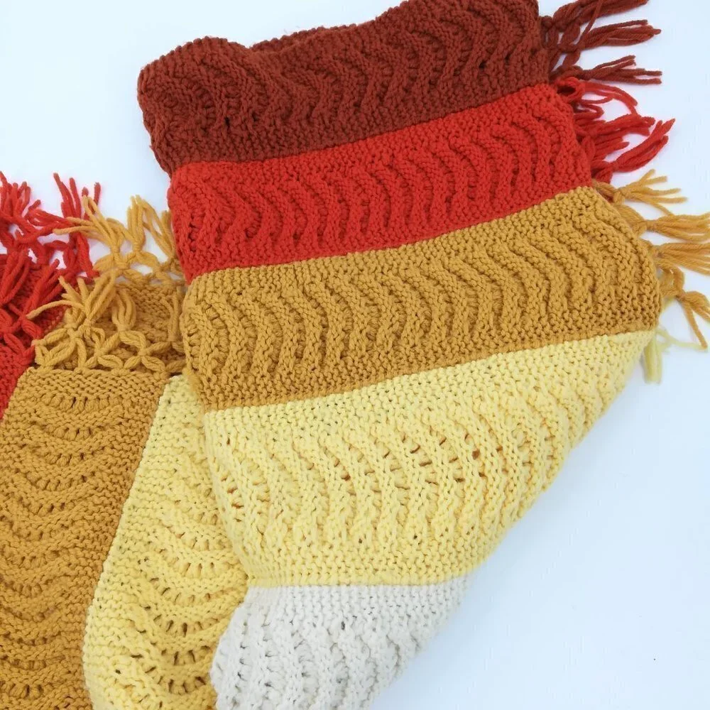 Vintage Shell Crochet Striped Afghan Blanket Throw